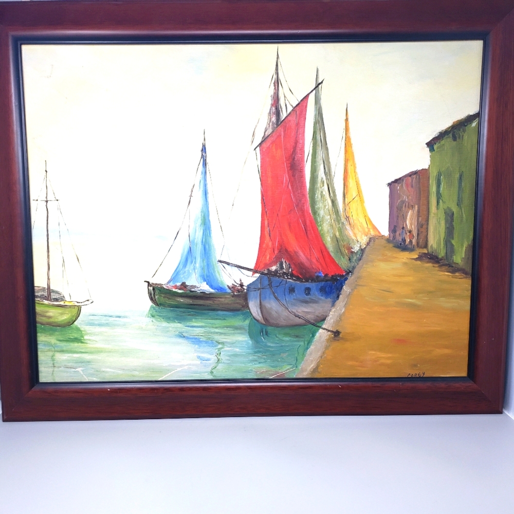 Vintage Framed "Boats In The Harbor" Painting